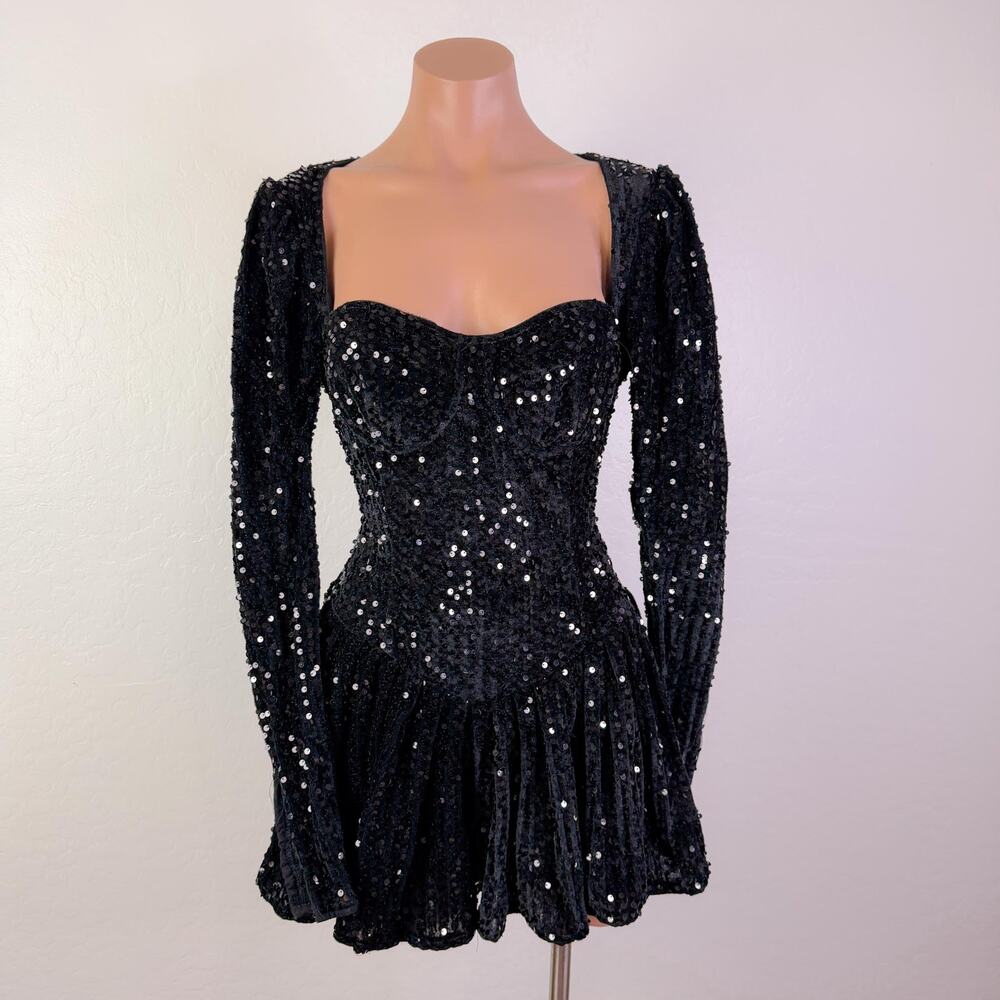 PrettyLittleThing Sequin Corset Whimsigoth Glam Long Sleeve Romper Black size 6